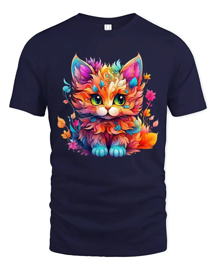 Vibrant Rainbow Kitty Tee with Cute Colorful Cat Artwork - navy t-shirt on white background