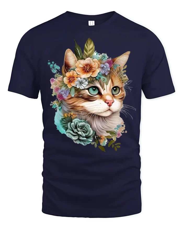 Elegant Floral Cat Tee with Cute Artistic Kitty Illustration - navy t-shirt on white background