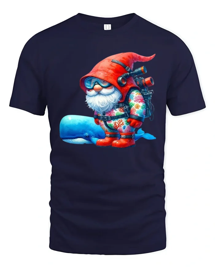 Ocean Explorer Gnome Tee with Whale and Dive Gear Art - navy t-shirt on white background