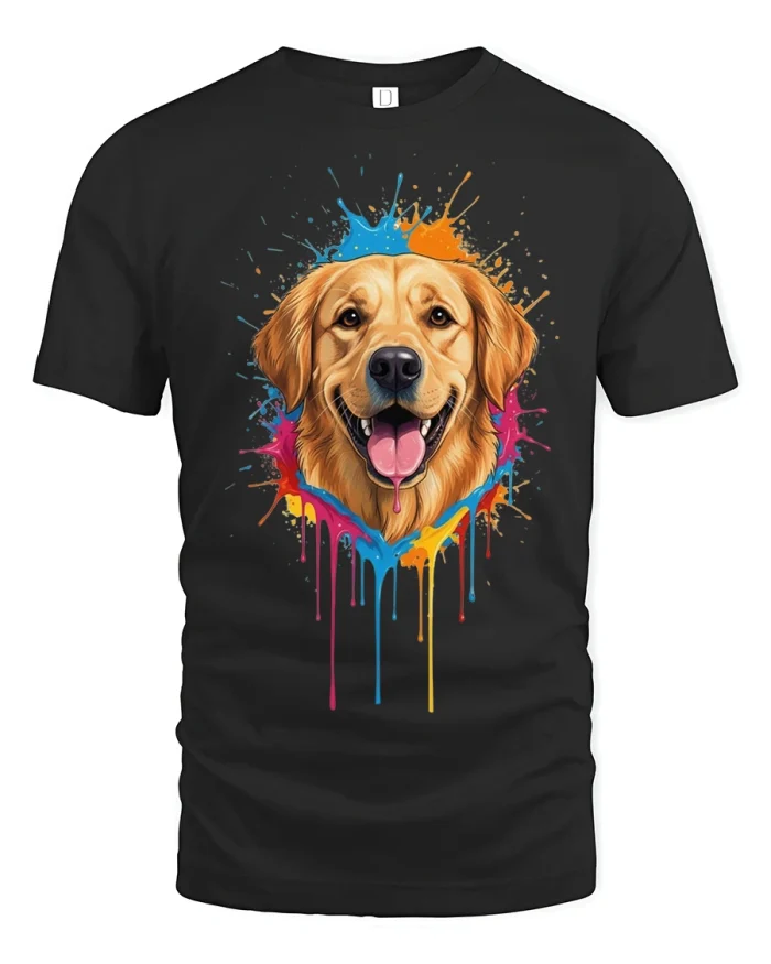 Color Splash Happy Dog Tee with Vibrant Artistic Energy - black t-shirt on white background