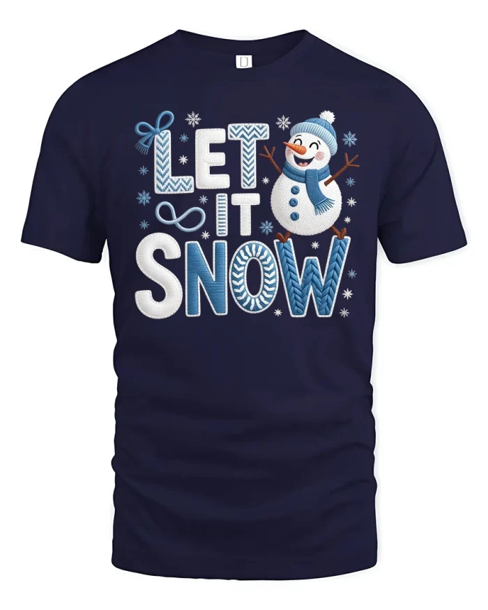 Let It Snow Cute Snowman Winter Holiday Graphic Tee Shirt - navy t-shirt on white background