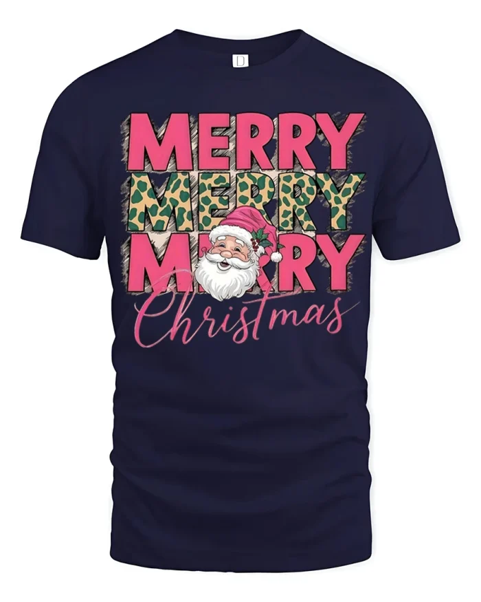 Merry Merry Christmas Santa Leopard Print Graphic Tee - navy t-shirt on white background