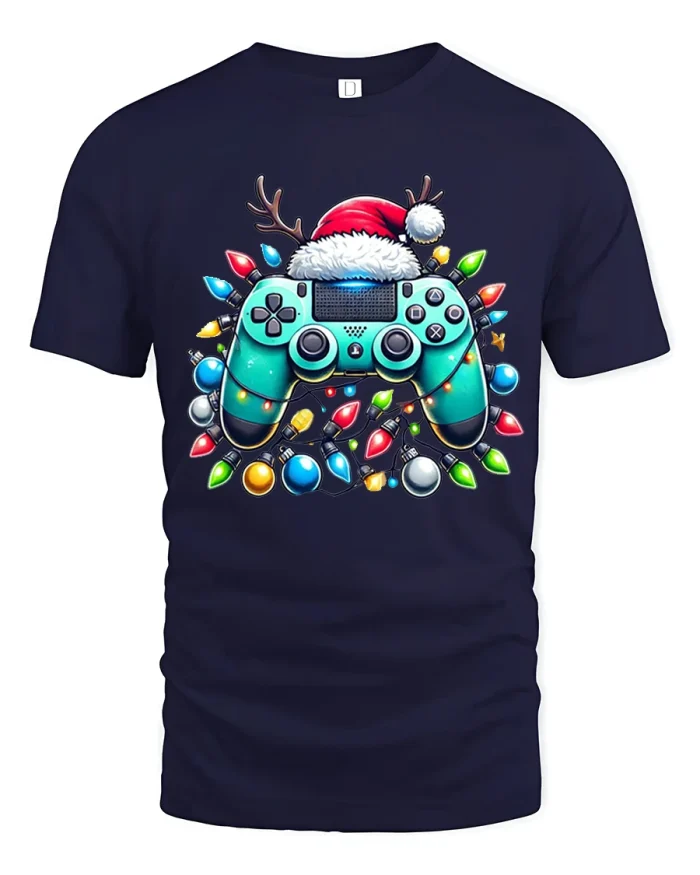 Christmas Gamer Controller Lights Santa Hat Tee - navy t-shirt on white background