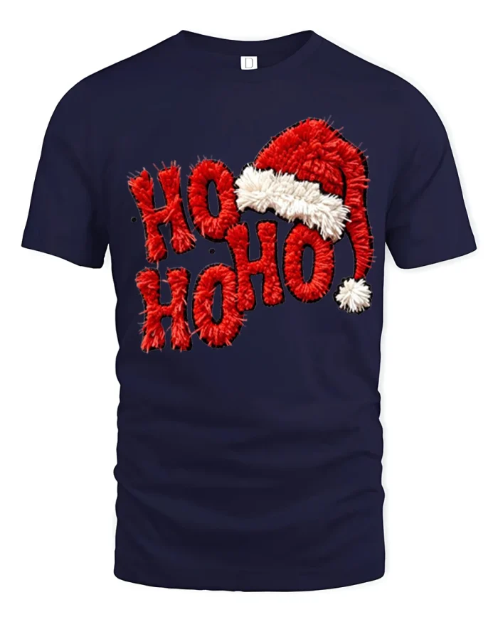 Ho Ho Ho Santa Hat Christmas Fuzzy Letter Tee - navy t-shirt on white background