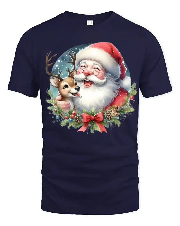 Santa and Reindeer Hug Christmas Wreath Graphic Tee - navy t-shirt on white background