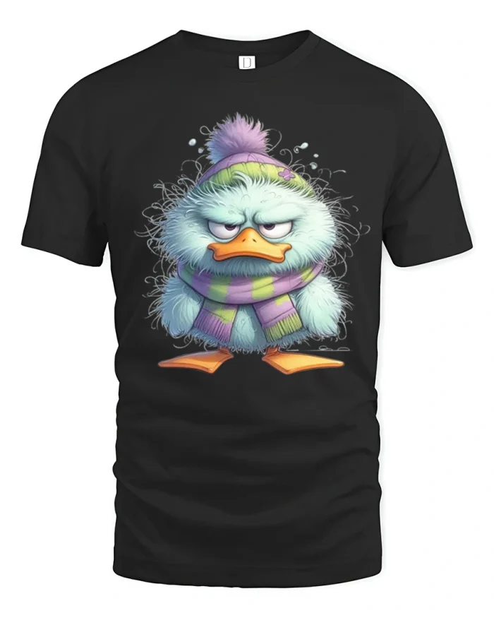 Grumpy Winter Duck Graphic Tshirt With Cozy Funny Attitude - black t-shirt on white background