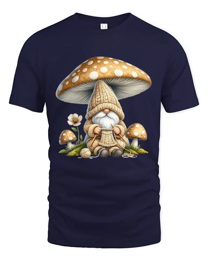 Cozy Mushroom Gnome Knitting Graphic Tshirt With Whimsy - navy t-shirt on white background