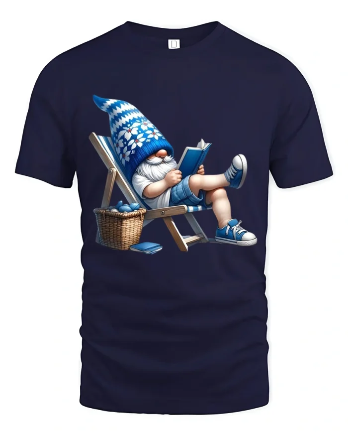 Relaxed Reading Gnome Graphic Tshirt With Cozy Chill Vibes - navy t-shirt on white background