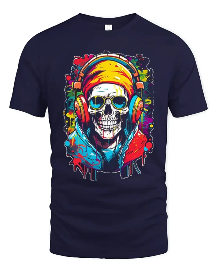 Colorful DJ Skull Street Art Graphic Tshirt With Urban Vibes - navy t-shirt on white background