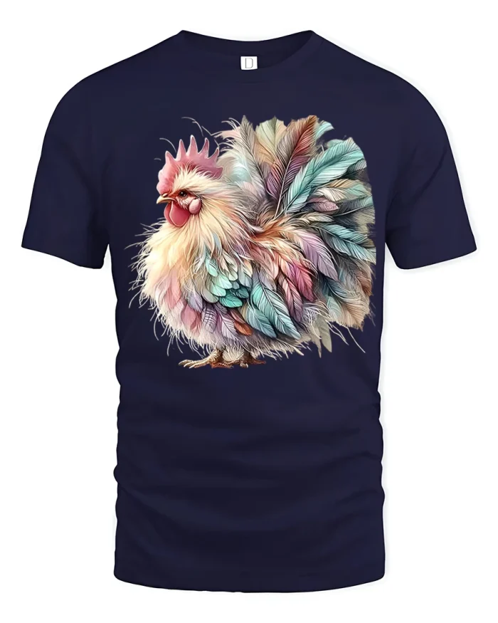 Colorful Fluffy Rooster Art Graphic Tshirt With Farm Charm - navy t-shirt on white background