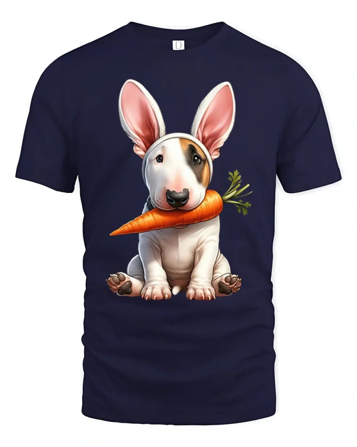 Cute Bull Terrier Puppy Graphic Tshirt With Carrot Charm - navy t-shirt on white background