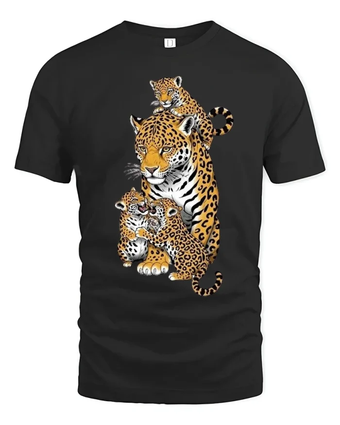 Leopard Family Love Art Tshirt Wildlife Animal Graphic Tee - black t-shirt on white background