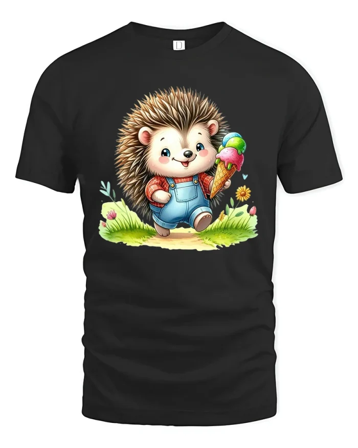 Cute Hedgehog Ice Cream Art Tshirt Sweet Cartoon Graphic Tee - black t-shirt on white background