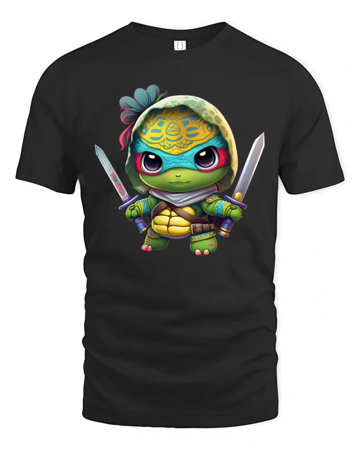 Cute Ninja Turtle Warrior Art Tshirt Cartoon Action Graphic Tee - black t-shirt on white background