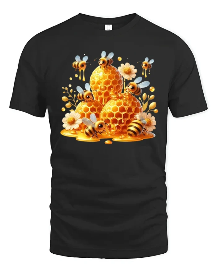 Cute Honey Bee Honeycomb Art Tshirt Sweet Nature Graphic Tee - black t-shirt on white background