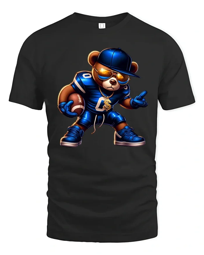 Cool Football Bear Street Style Art Tshirt Fun Graphic Tee - black t-shirt on white background
