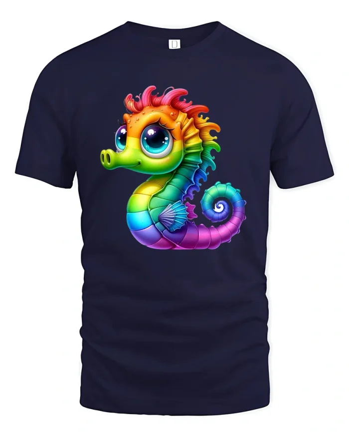 Cute Octopus Riding Sea Turtle Cartoon Art Tshirt Fun Tee - navy t-shirt on white background