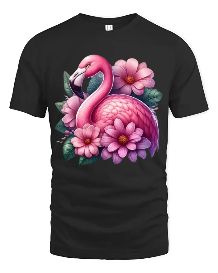 Pink Flamingo Floral Art Elegant Nature Graphic Tshirt Tee - black t-shirt on white background