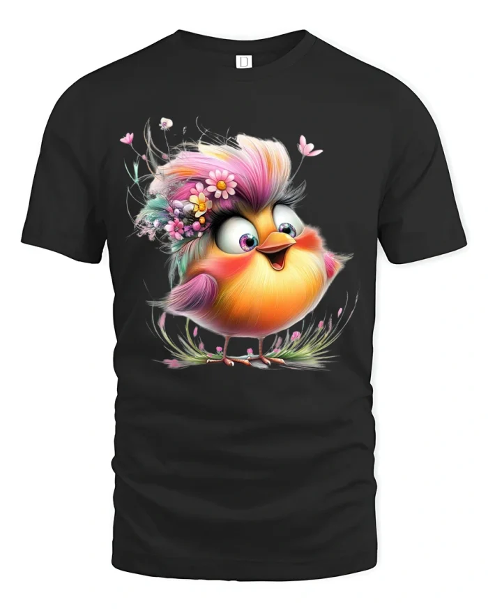 Cute Colorful Bird Floral Art Whimsical Graphic Tshirt Tee - black t-shirt on white background