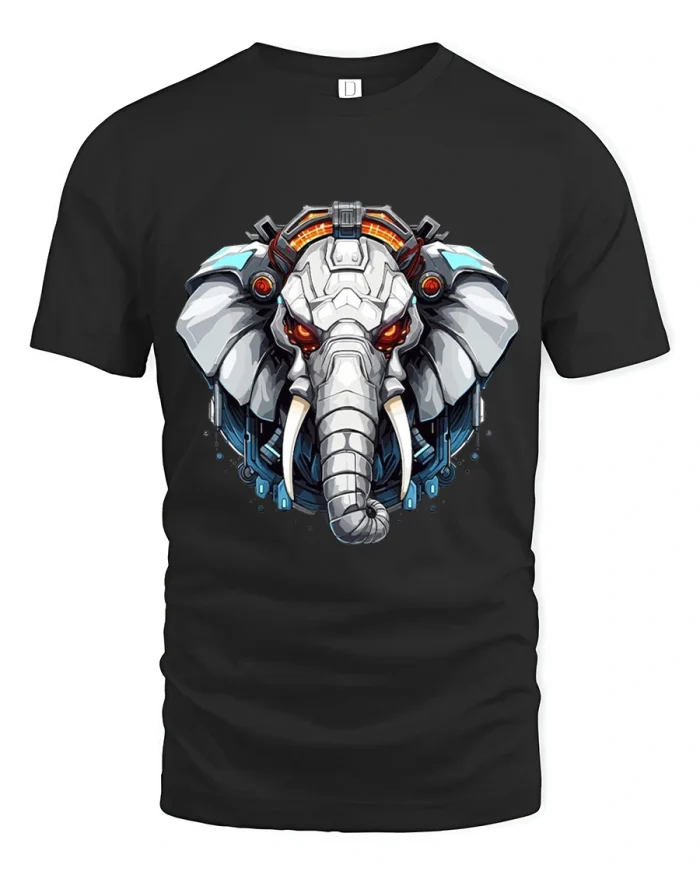 Futuristic Cyber Elephant Mecha Art Graphic Tshirt Tee - black t-shirt on white background