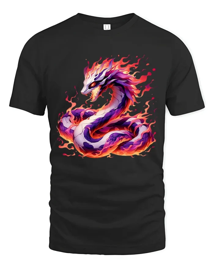 Fiery Fantasy Flame Serpent Art Powerful Graphic Tshirt Tee - black t-shirt on white background