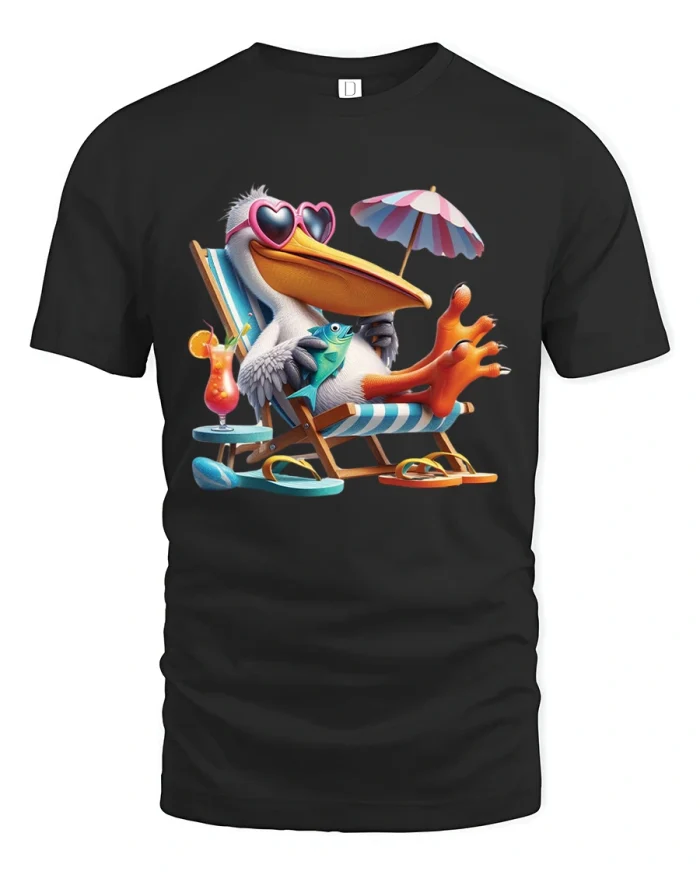 Funny Relaxing Pelican Beach Vacation Art Graphic Tshirt Tee - black t-shirt on white background