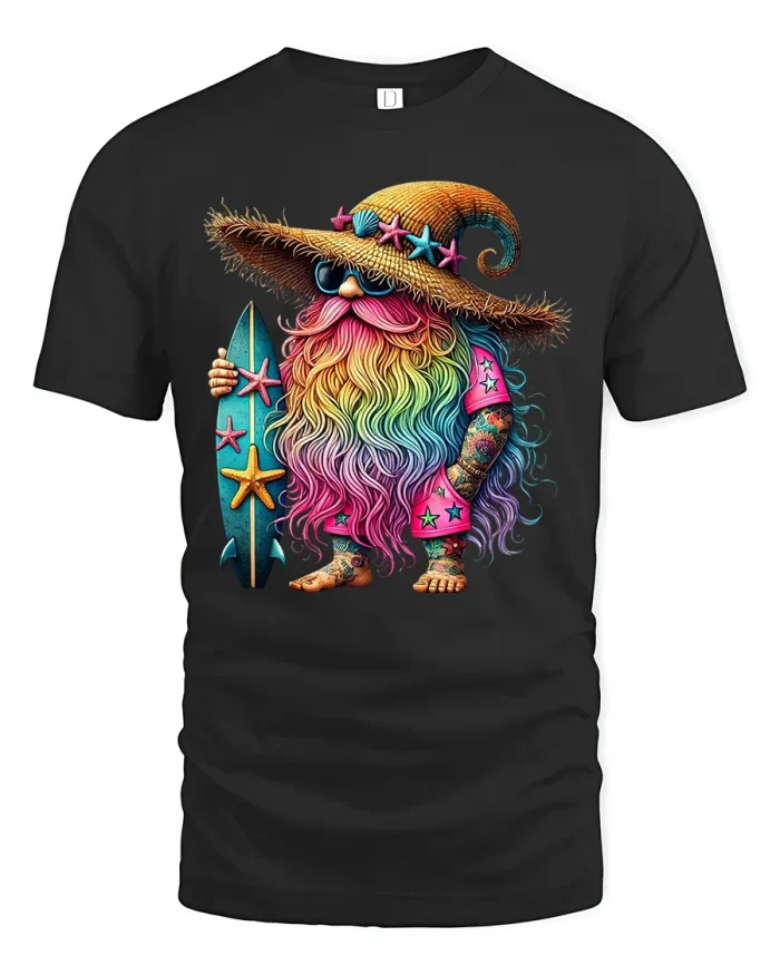 Rainbow Beard Surfing Gnome Graphic T Shirt Beach Style Art - black t-shirt on white background