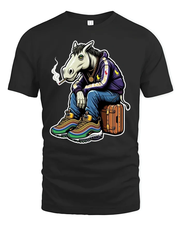 Cool Smoking Horse Street Art Graphic T Shirt Urban Style - black t-shirt on white background