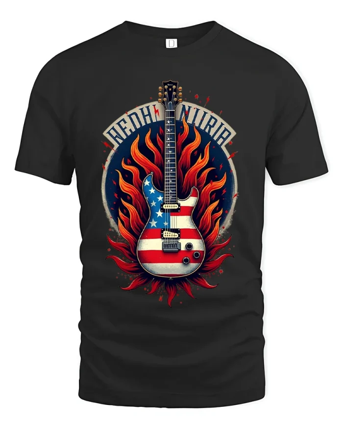 American Flag Guitar Rock Graphic T Shirt Fire Music Art - black t-shirt on white background