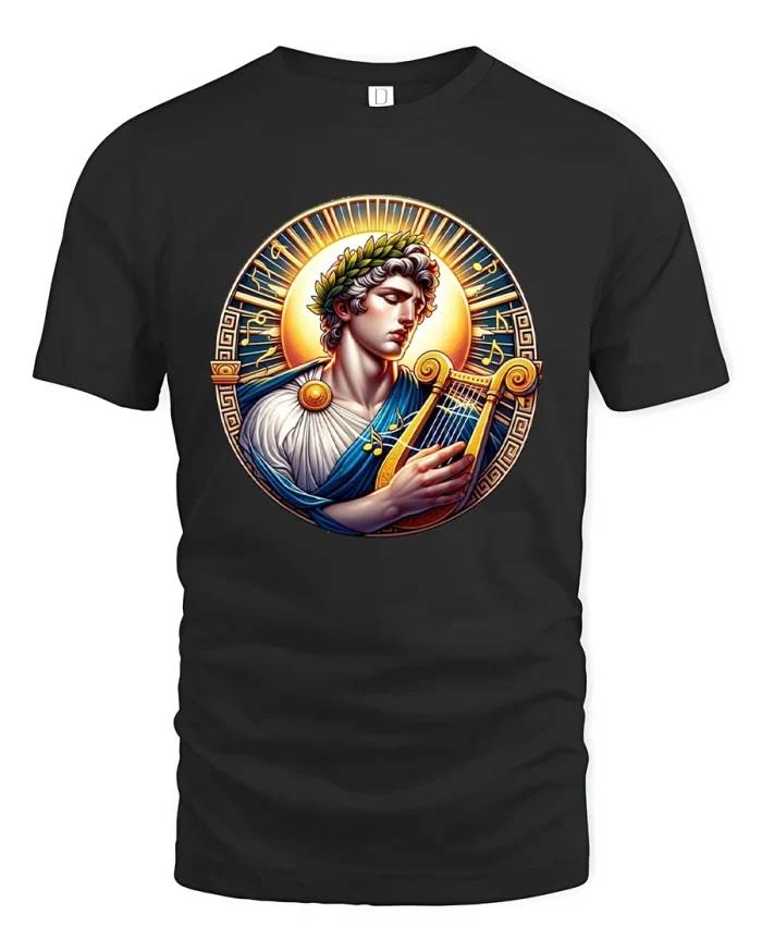 Classical Lyre Apollo Music Art Graphic T Shirt Timeless Style - black t-shirt on white background
