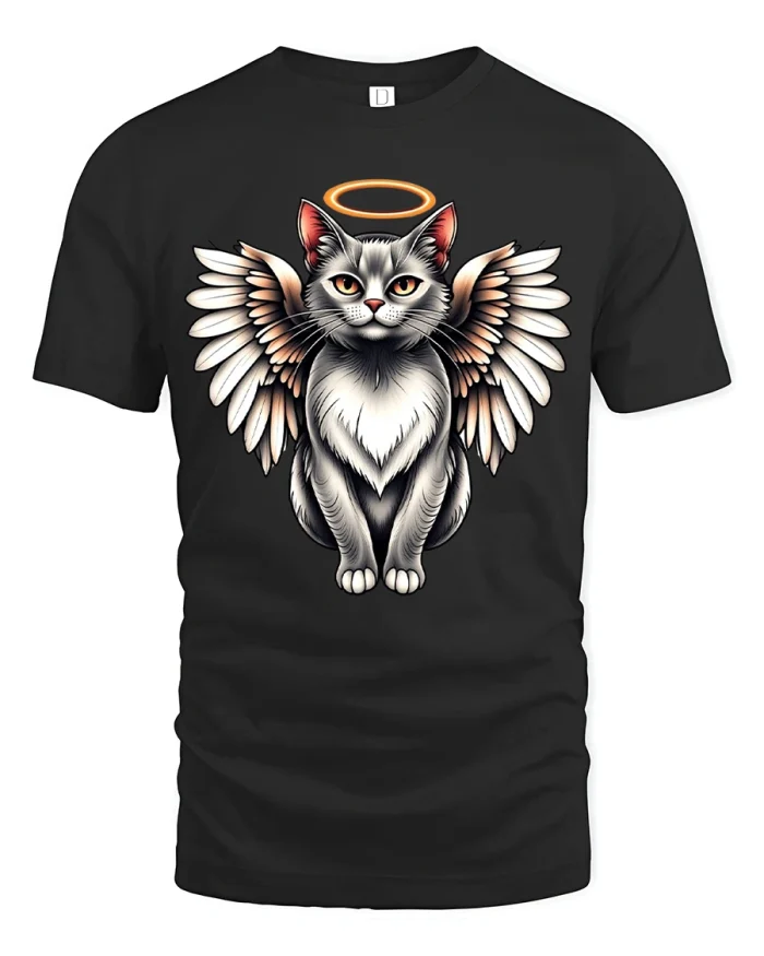 Angel Cat With Wings Halo Graphic T Shirt Cute Art Style - black t-shirt on white background