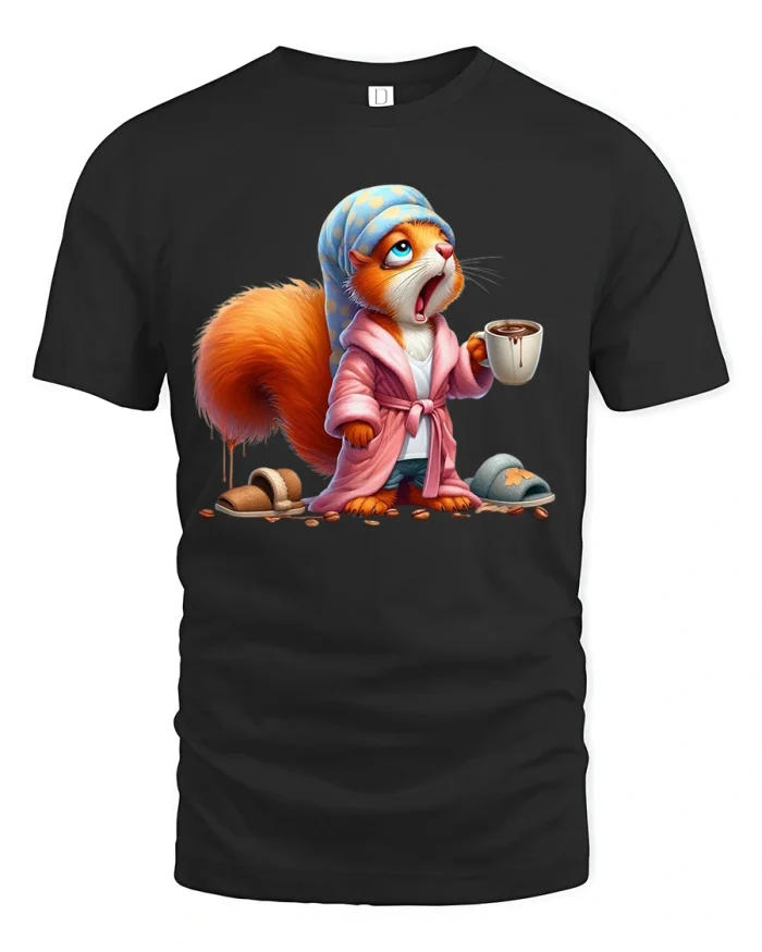 Funny Sleepy Fox With Coffee Morning Mood Graphic T Shirt - black t-shirt on white background