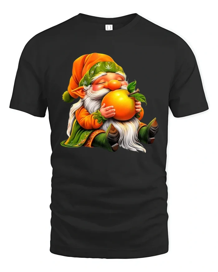 Happy Orange Gnome Cozy Fantasy Cute Graphic Tee - black t-shirt on white background