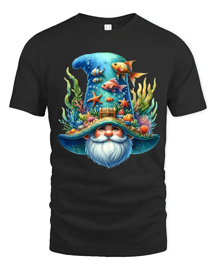 Magical Ocean Wizard Gnome Fantasy Illustration Graphic T Shirt - black t-shirt on white background