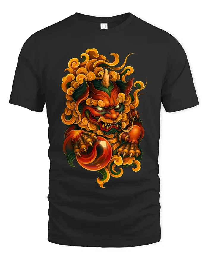 Fierce Mythical Lion Demon Flame Energy Illustration Graphic T Shirt - black t-shirt on white background