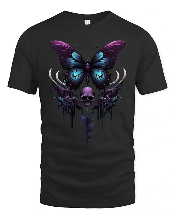 Dark Gothic Butterfly Skull Fantasy Illustration Graphic T Shirt - black t-shirt on white background