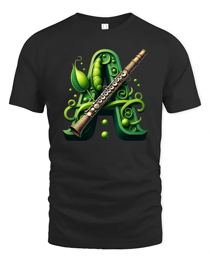 Green Nature Alphabet A Flute Art T Shirt Musical Botanical Design - black t-shirt on white background