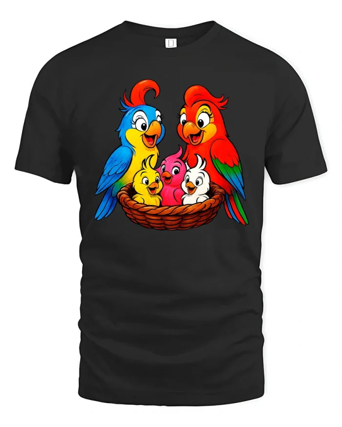 Cute Chicken Family Art Tee Happy Farm Cartoon Illustration - black t-shirt on white background