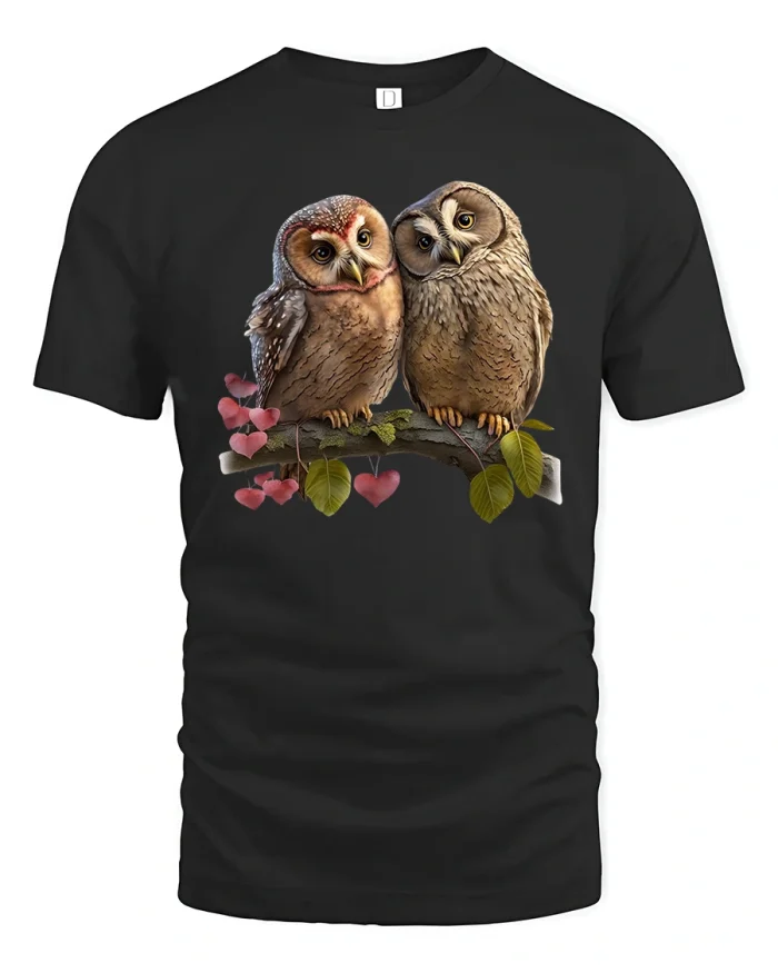 Cute Owl Couple Love Tee Romantic Nature Bird Art Illustration - black t-shirt on white background