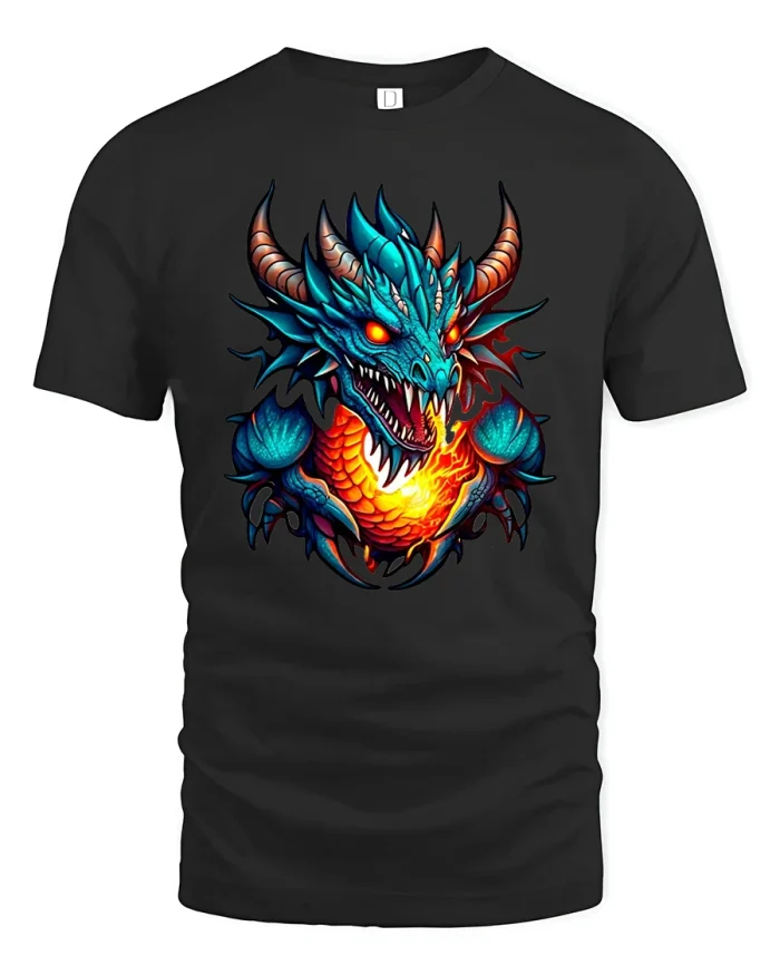 Fierce Fire Dragon Art Tee Powerful Fantasy Creature Graphic - black t-shirt on white background