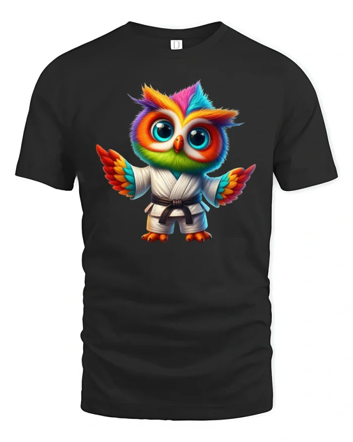 Cute Karate Owl Art Tee Colorful Martial Arts Cartoon Design - black t-shirt on white background