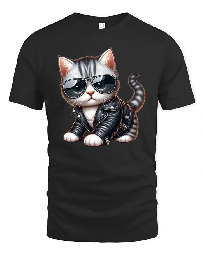 Cool Biker Cat Art Tee Funny Leather Jacket Cartoon Style - black t-shirt on white background