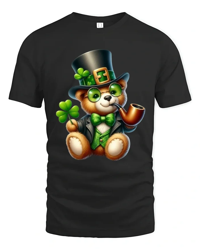 Lucky Clover Gentleman Bear Graphic T Shirt With Irish Charm - black t-shirt on white background
