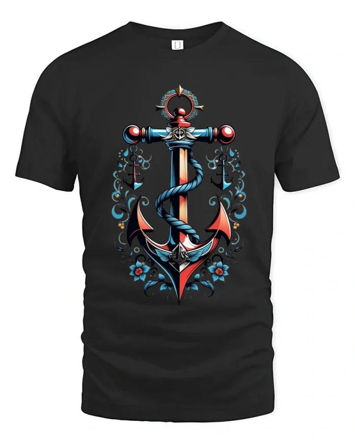 Nautical Anchor Rope Art Graphic T Shirt With Ocean Spirit - black t-shirt on white background