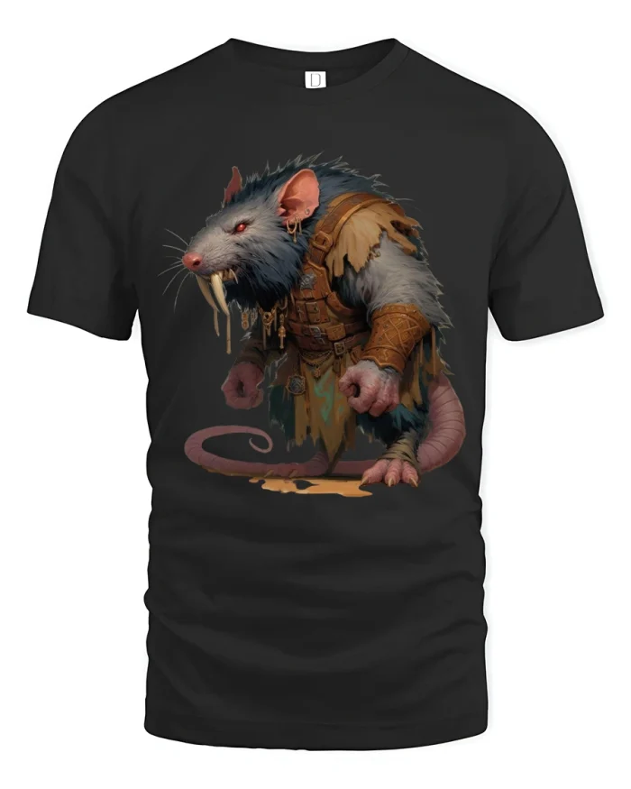 Dark Fantasy Rat Warrior Illustration Graphic T Shirt Art - black t-shirt on white background