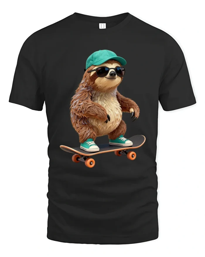 Cool Skateboarding Sloth Illustration Graphic T Shirt Style - black t-shirt on white background