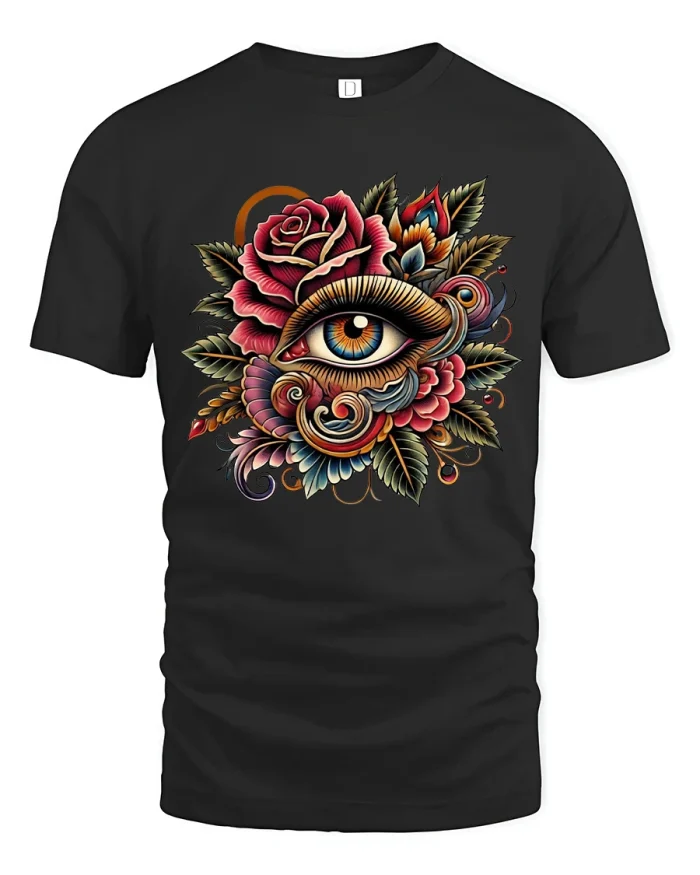 Mystical Floral Eye Illustration Art Graphic T Shirt Design - black t-shirt on white background