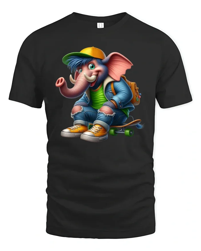 Cool Skateboarding Elephant Cartoon Graphic Tshirt Street Style - black t-shirt on white background