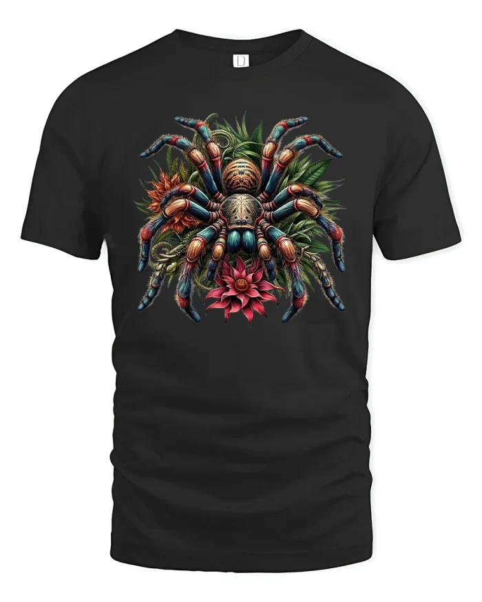 Colorful Tarantula Floral Illustration Graphic Tshirt Nature Art - black t-shirt on white background