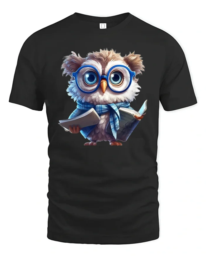 Cute Smart Owl Reading Book Cartoon Illustration Graphic Tshirt - black t-shirt on white background
